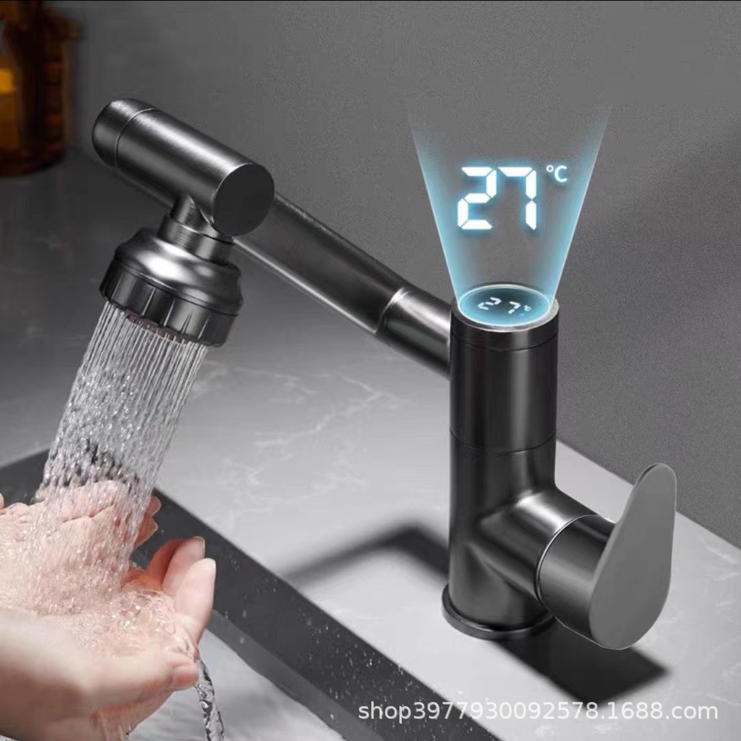 Digital Display Rotating Lucky Cat Hot and Cold Mixed Bathroom Faucet with 4 Functions, Mechanical Arm Washbasin for Home Use