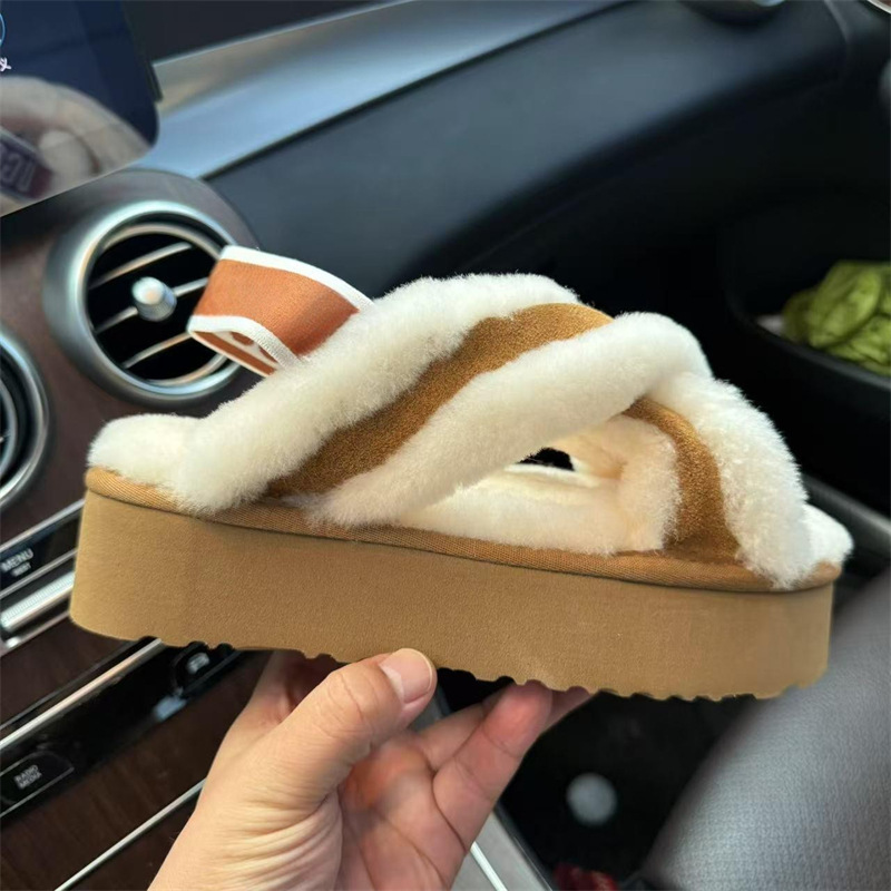 Winter Thick-Soled Interwoven Heel Strap Slippers for Women Cowhide Heightening Genuine Leather Fleece-Lined Warm Shoes Outdoor Shoes Snow Boots for Women