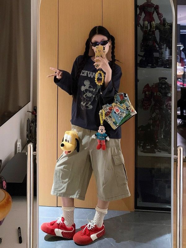 【自家工厂现货】夏新款美式休闲宽松垫肩卡通米奇印花长袖T恤女|undefined