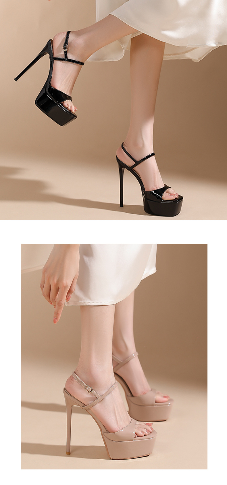 Sandal cao gót nữ mũi vuông hở mũi, gót 14 cm, đế chống thấm nước — Bột màu khỏa thân-14cm chi tiết 6