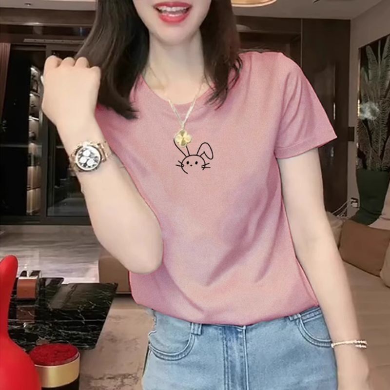 Pure Cotton Loose Slimming Look High-End Pink Round Neck Right Shoulder Short-Sleeved T-Shirt Women's Summer Thin T-Shirt Half-Sleeved Top