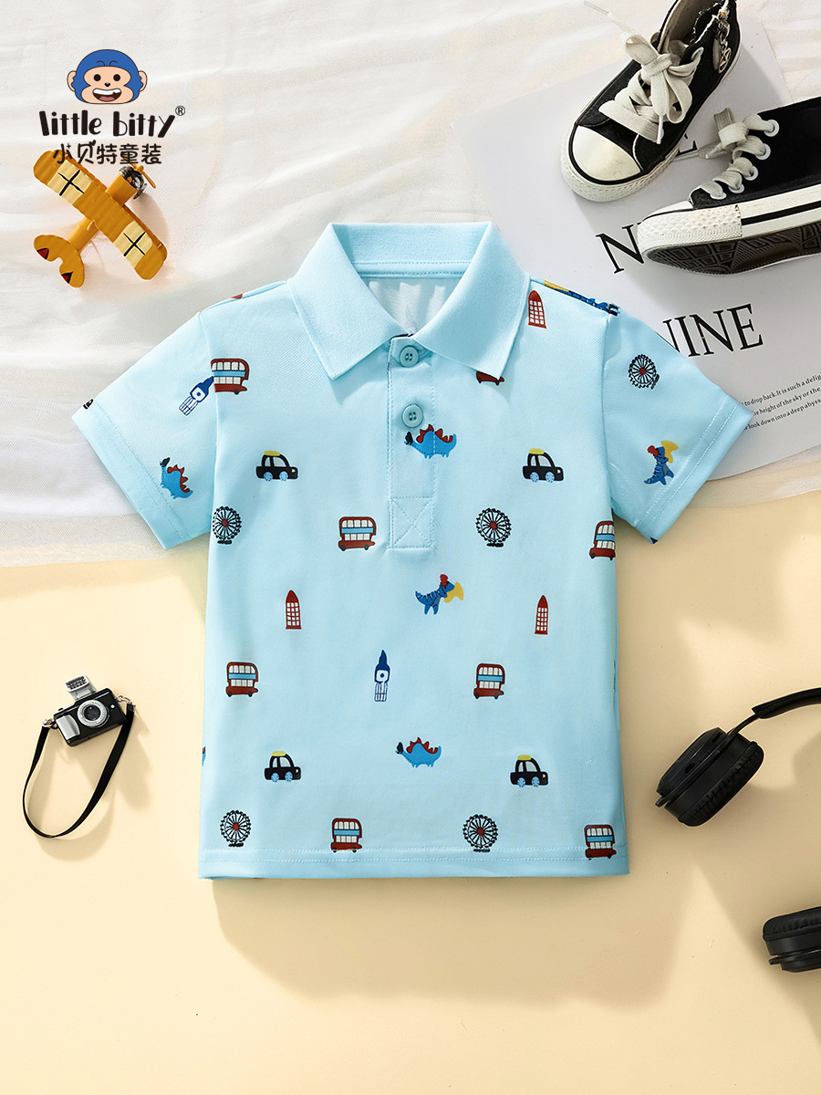 New 2025 Summer Kidsren's Light Blue Short-Sleeved Polo Shirt Boys Half-Sleeved Cartoon Car Print Boys Summer