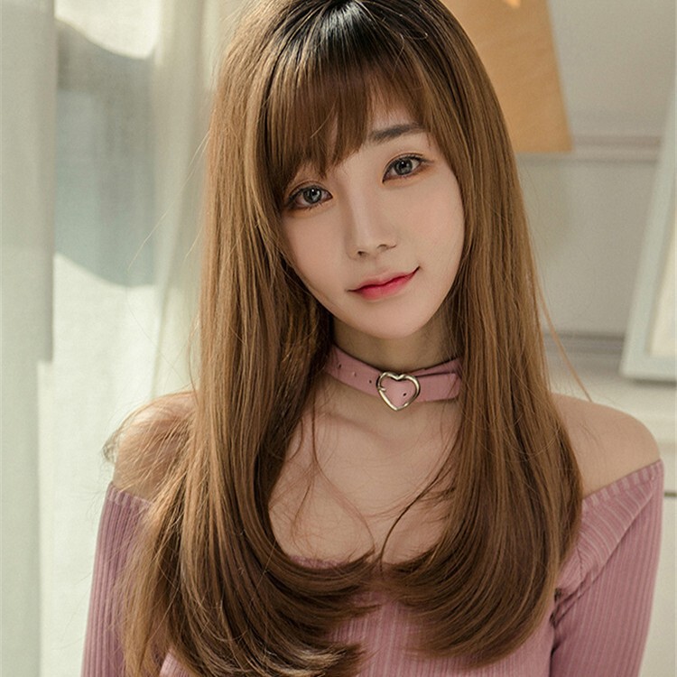 Clear Stock Fashion Wig for Women with Medium Long Hair, Long Bangs, Brown Wig, Wavy Wig Wholesale Clear Stock Fashion Wig for Women with Medium Long Hair, Long Bangs, Brown Wig, Wavy Wig Wholesale