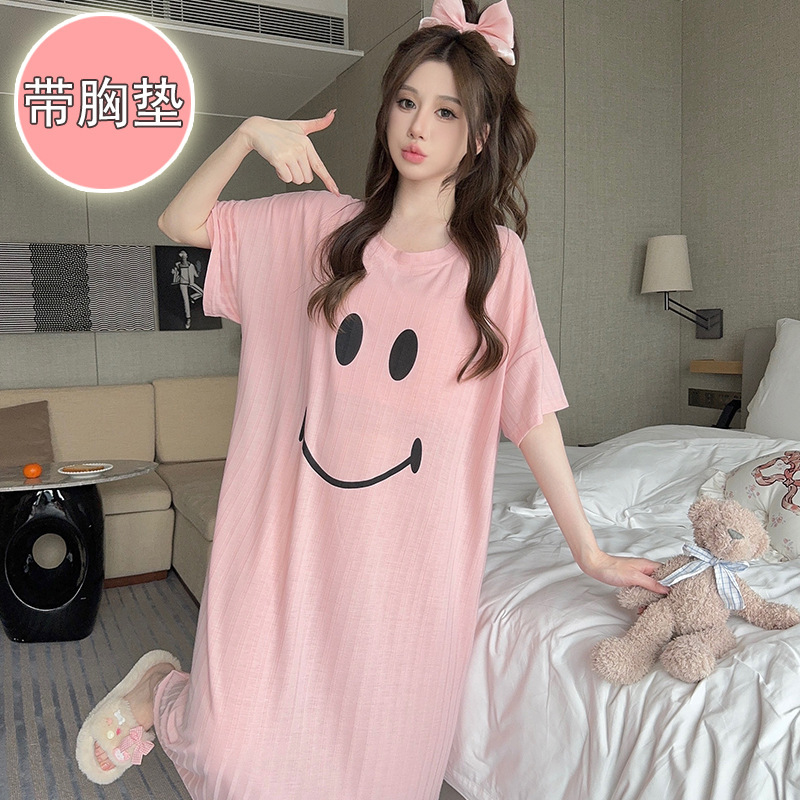 Plus Size Pink Pajamas for Women Summer Sweet with Padded Short-Sleeved Mid-Length Loose Nightgown Large Size 150kg Home Wear