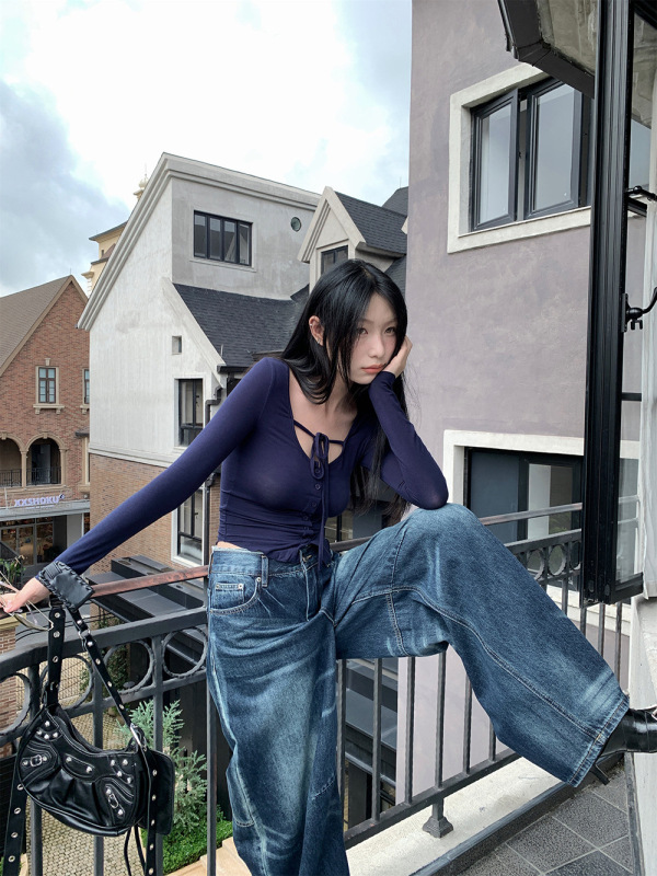 [9hour]美式街头抓纹弯刀牛仔裤女 2025秋季撕边腰阔腿裤女cy1304|undefined