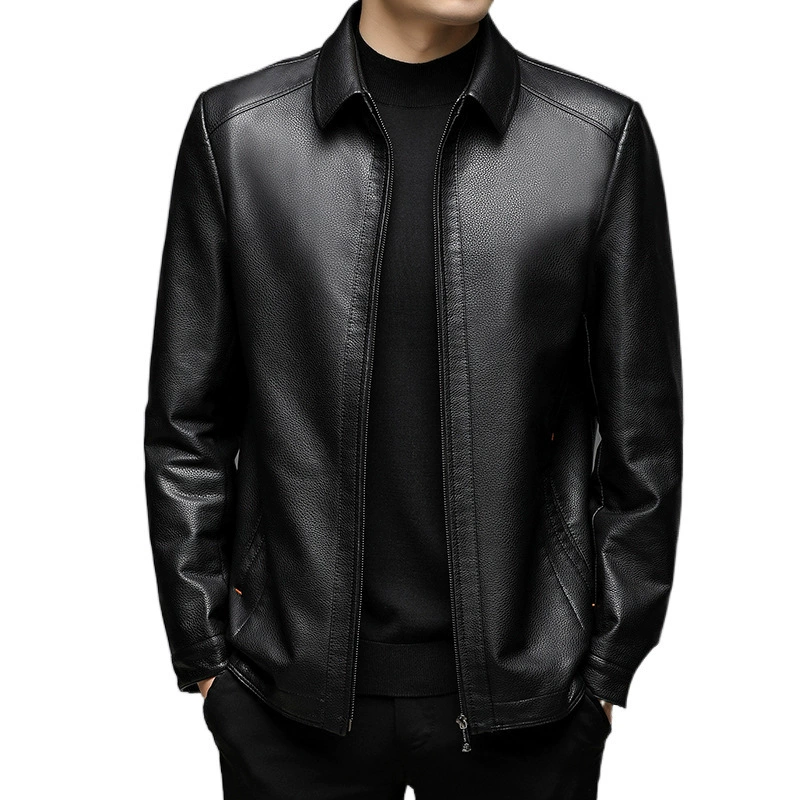 Autumn warm leather jacket, genuine leather, for middle age