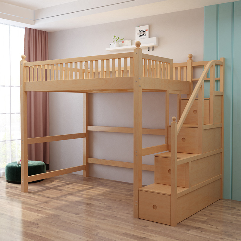 Beech Wood Loft Bed with Ladder and Cabinet, Solid Wood Bunk Bed with Upper and Lower Bunks, Children's Bed