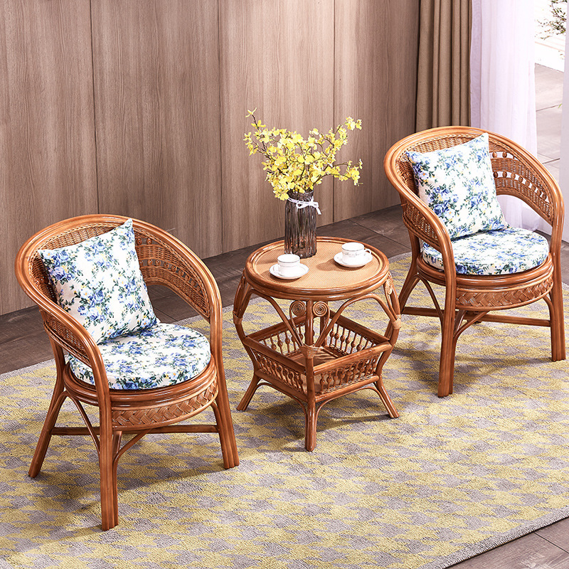 Natural Real Rattan Chair Three-piece Set Teng-woven Chair Balcony Small Table and Chair Teng Strip Single Leisure Chair Coffee Table Household Combination