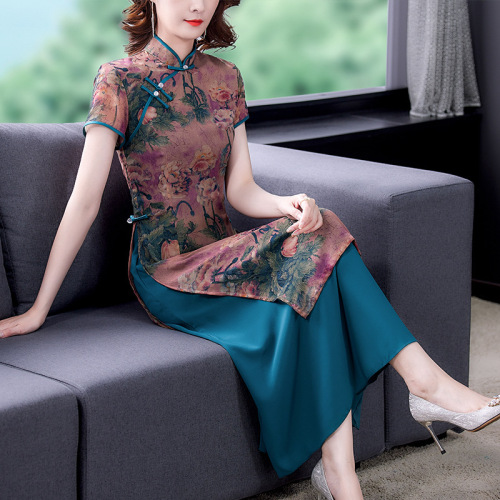 Cheongsam impression in same summer new tide of female temperament dress fashion, cultivate one morality show thin acetic acid emulation silk Chinese Dresses Qipao for women 