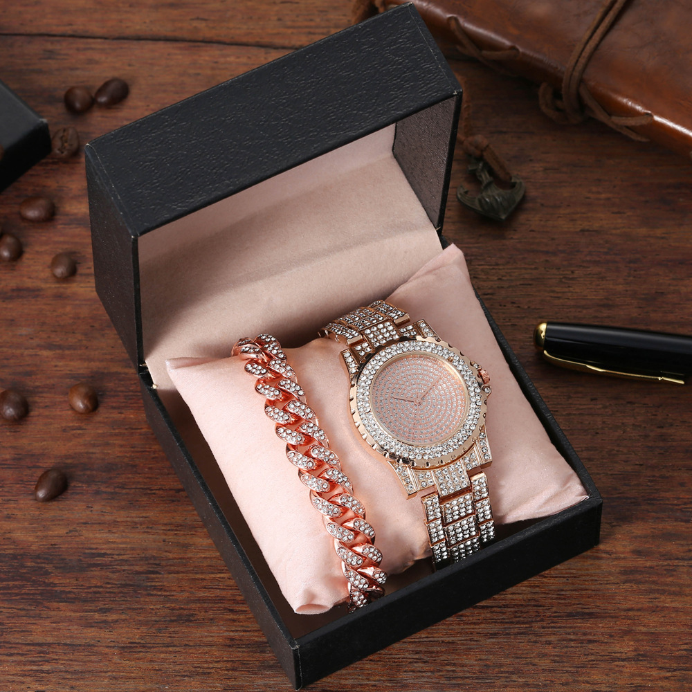 Täisteemantidega äritrendi elegantne, kõiksobiv suur numbrilauaga terasvöö kvartskell + täisteemantkäevõru (2tk/komplekt)_voghion.com