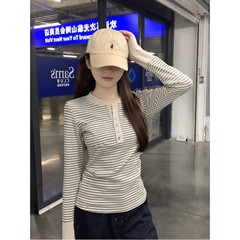 春秋季2025撞色条纹半开领纽扣正肩长袖T恤女亨利领修身打底上衣