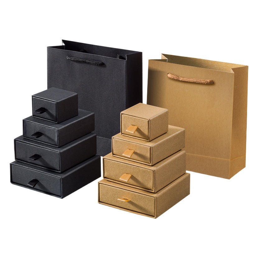 Caja de joyería de papel Kraft directo de fábrica caja de joyería de cajón caja de joyería de anillo negro collar de oreja