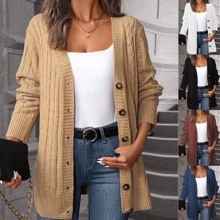 2024 Spring and Summer New Cross-border European and American Foreign Trade Row Midi Knitted Cardigan plus size Sweater Women's Long Sleeve