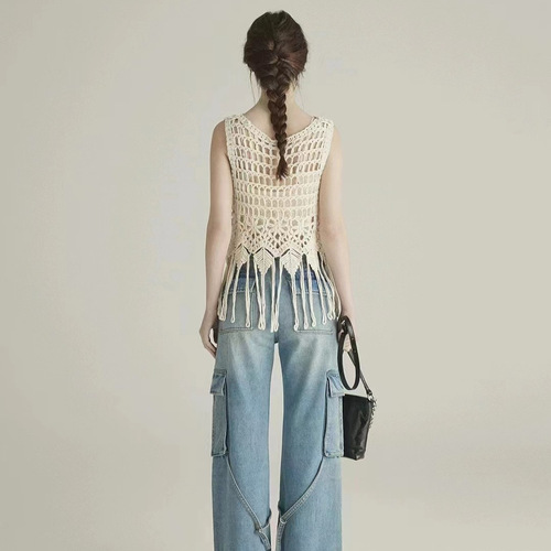 Bohemian Ethnic Style Hooded Top Women's Summer Knitted Outerwear Sleeveless Crochet Cardigan Fringe Mesh Lace Hollow Out Top 