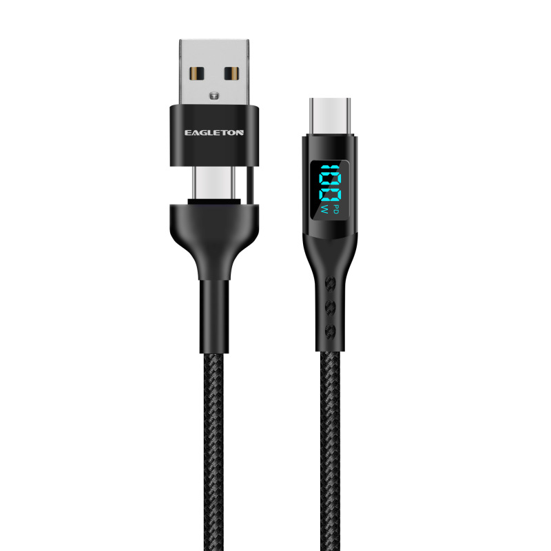 2-in-1 Retractable Adapter Digital Display Data Cable 100W Pd Fast Charging Cable Nylon Braided