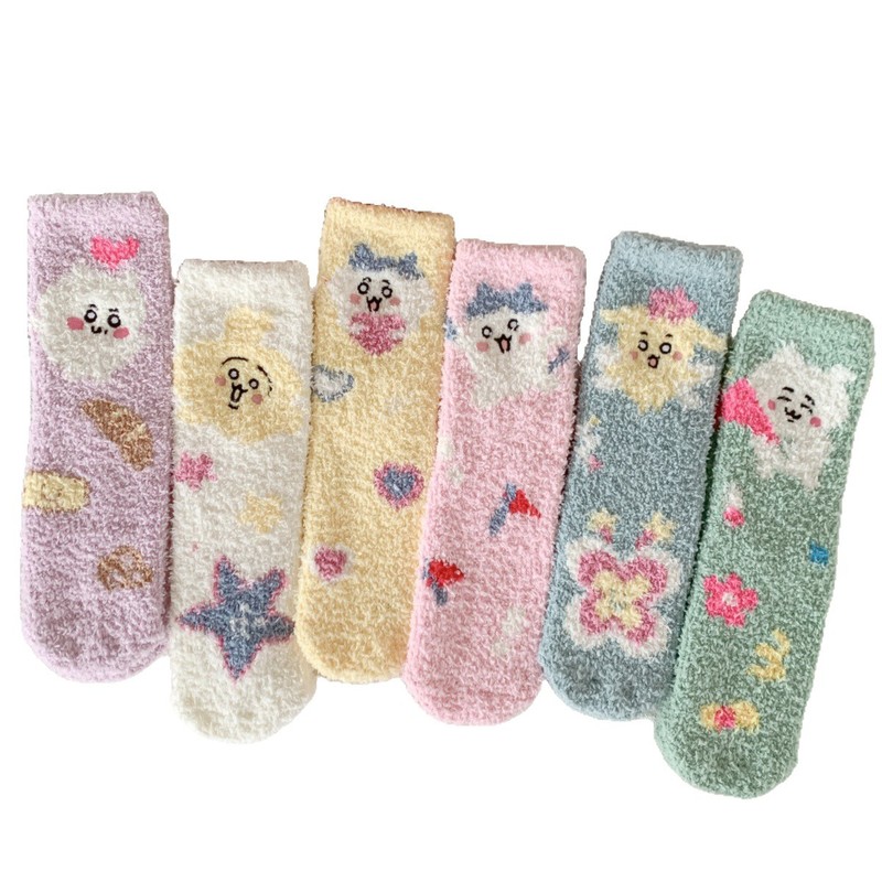 日系萌宠珊瑚绒袜子女秋冬加厚加绒中筒睡眠袜居家保暖卡通地板袜|undefined