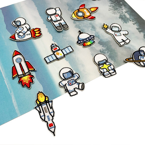 Cartoon Embroidered Fabric Patch Starship Astronaut Self-Adhesive Patch Fashion Down Jacket Handmade DIY Seamless Decorative Patch