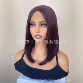 欧美假发wigs 酒红色前蕾丝假发头套12英寸波波头假发现货可代发