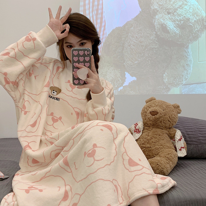 Pijamas de mujeres otoño invierno de franela lindo dibujo animado 2023 nuevo coral de lana gruesa falda cálida ropa para el hogar