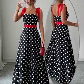 女士法式优雅波点撞色拼接收腰A摆长款吊带连衣裙适合约会/度假/
