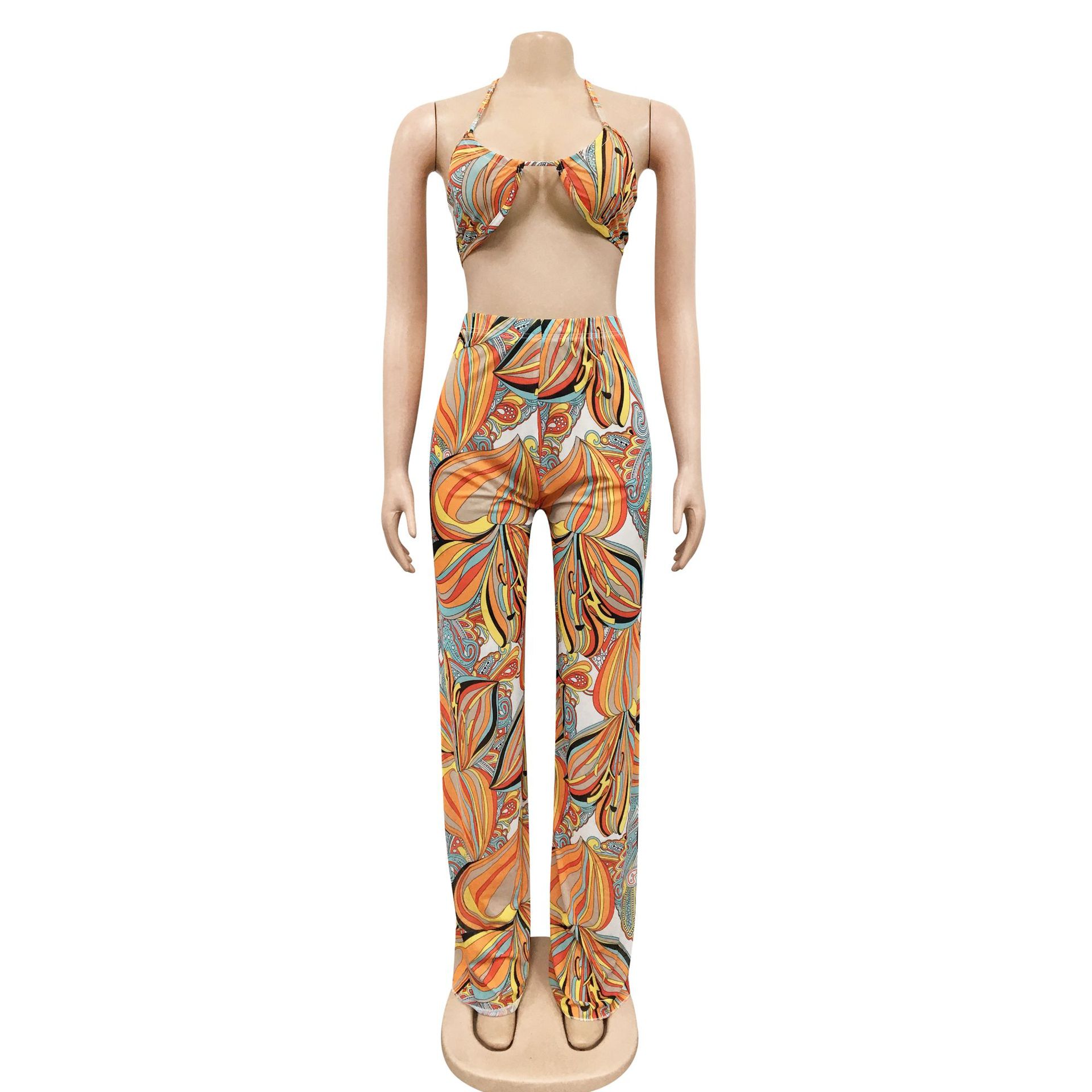 Sexy Mesh See-through Printed Long Sleeve Three-Piece Suit Women Clothing