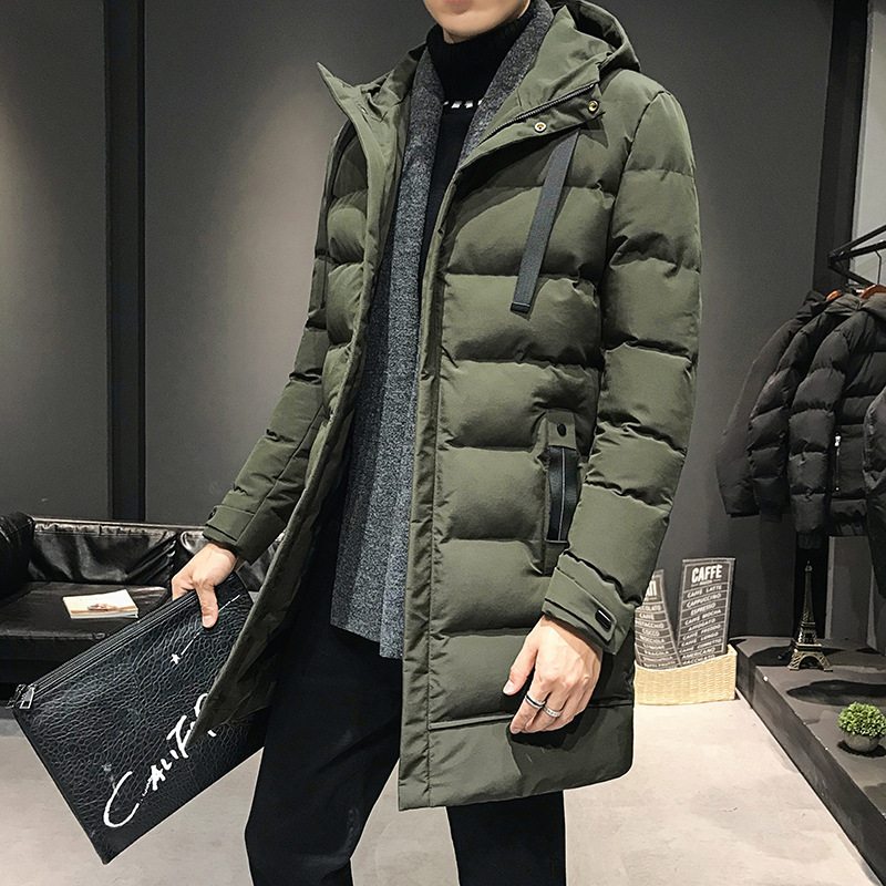 Chaqueta de algodón hombre largo de invierno de moda coreana con chaqueta de algodón encapuchada más gruesa nueva ropa de plumón transfronteriza