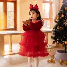 阿寶家女童公主裙秋冬裝新款新年裝保暖棉裙兒童紅色加絨蛋糕紗裙
