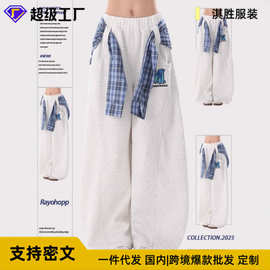 秋季垂感丝巾裤带字母印花阔腿裤宽松潮流直筒休闲裤女拼接长裤子