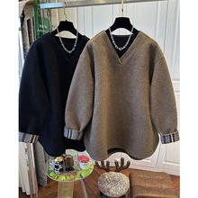 欧货V领加绒加厚保暖纯色毛呢卫衣上衣今年流行叠穿百搭2025冬款