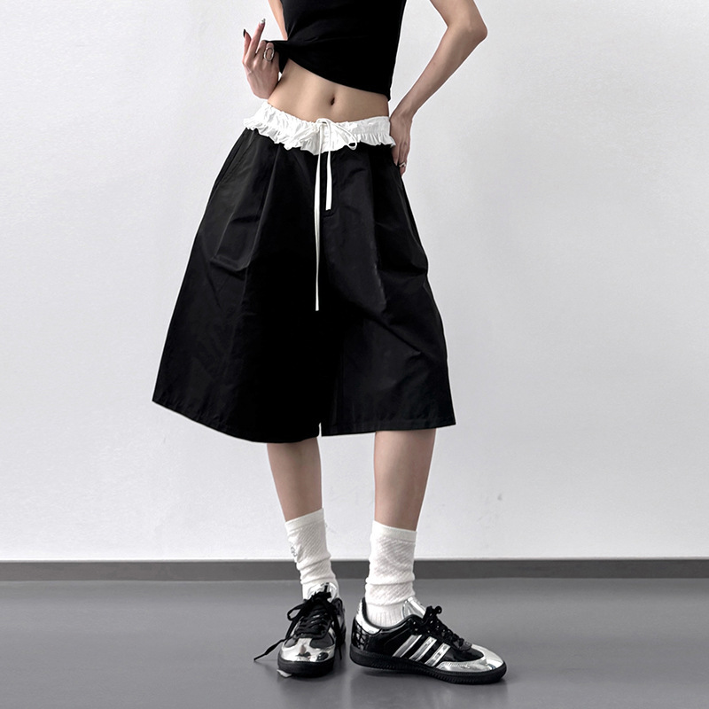 Loose-Fitting Cropped Pants for Women 2025 Summer New Style with Patchwork Waistband, Color-Blocking, Fashionable Drawstring Casual Shorts Loose-Fitting Cropped Pants for Women 2025 Summer New Style with Patchwork Waistband, Color-Blocking, Fashionable Drawstring Casual Shorts