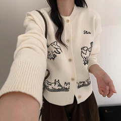 秋季新款重工卡通图案圆领长袖刺绣针织衫女宽松小众上衣外套女装