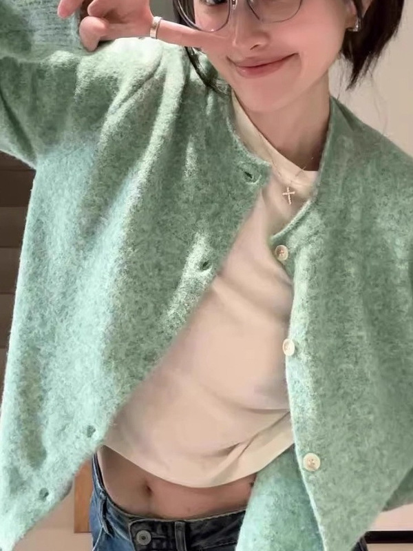 法式气质薄荷绿卷边针织开衫毛衣外套女春秋软糯绿色上衣早秋外搭|undefined