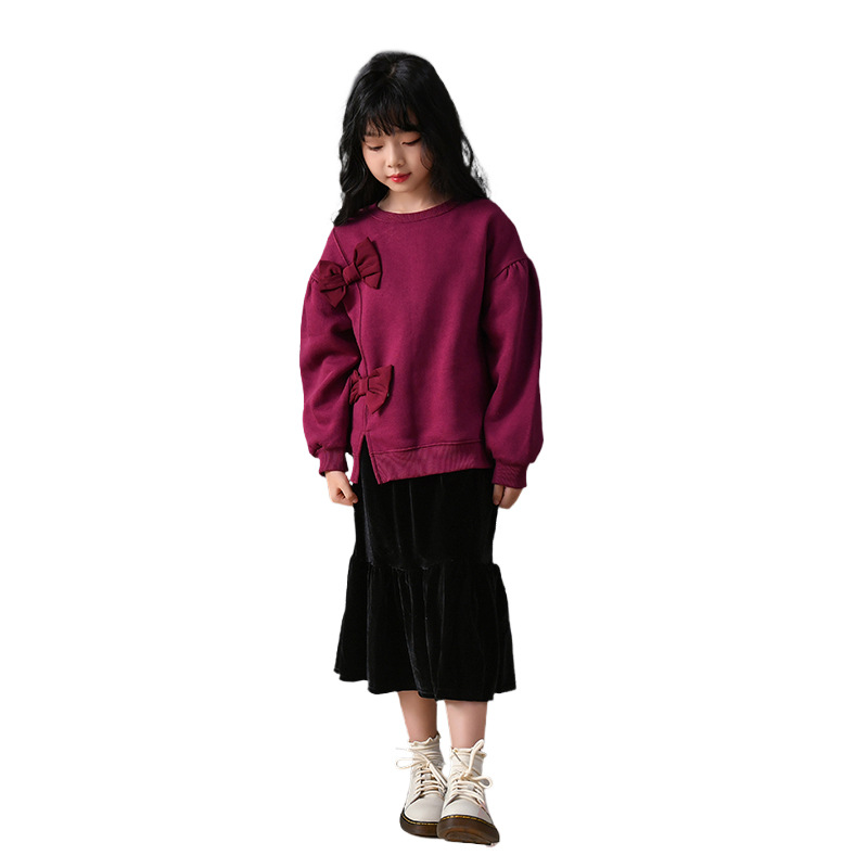 Suéter granate con lazo de terciopelo, nuevo suéter suelto de cuello redondo, falda negra de terciopelo fino