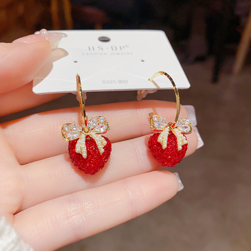 Light luxury festive red diamond love bow earrings high-end temperament fashionable earrings
