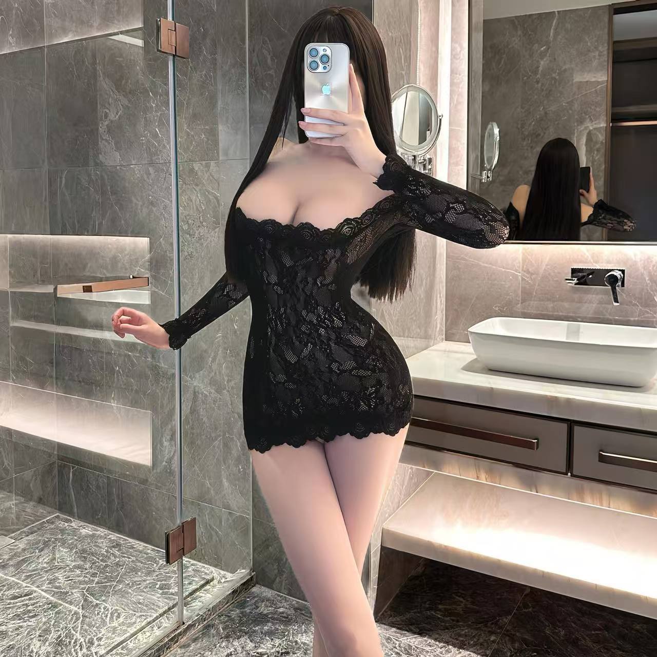 Seductive Maid Roleplay Costume Set, Polyester Uniform with Net Dress, One Size Black — detail image 2