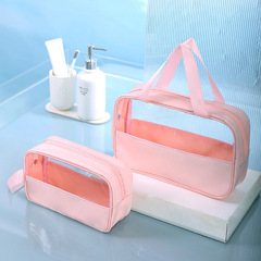 New Transparent Splicing PVC Storage Bag, Handheld PU Shower Bag, Makeup Bag, Portable Waterproof Large Capacity Toothbrush Bag