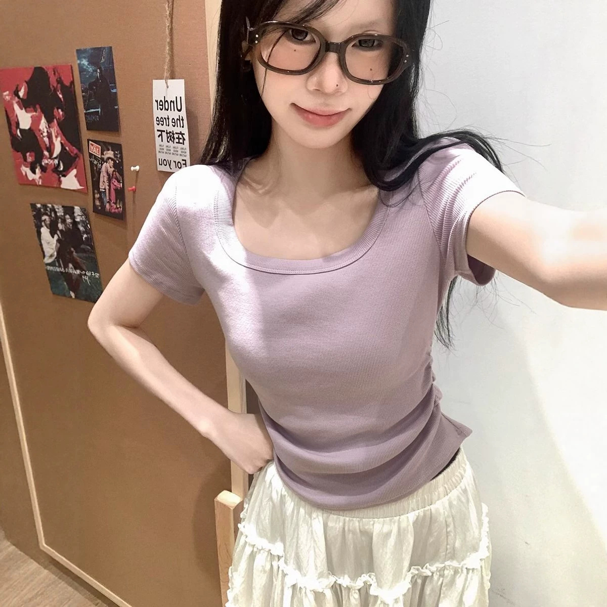 Pure Desire Ruched Square-Neck Short-Sleeve T-Shirt for Women, Summer 2026 New Niche Design, Stylish Top with a High-End Feel