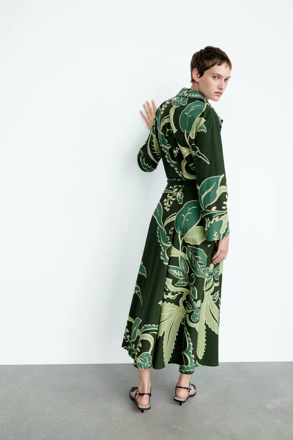 elegant lapel long-sleeved waist printed dress Nihaostyles wholesale clothing vendor NSAM75912