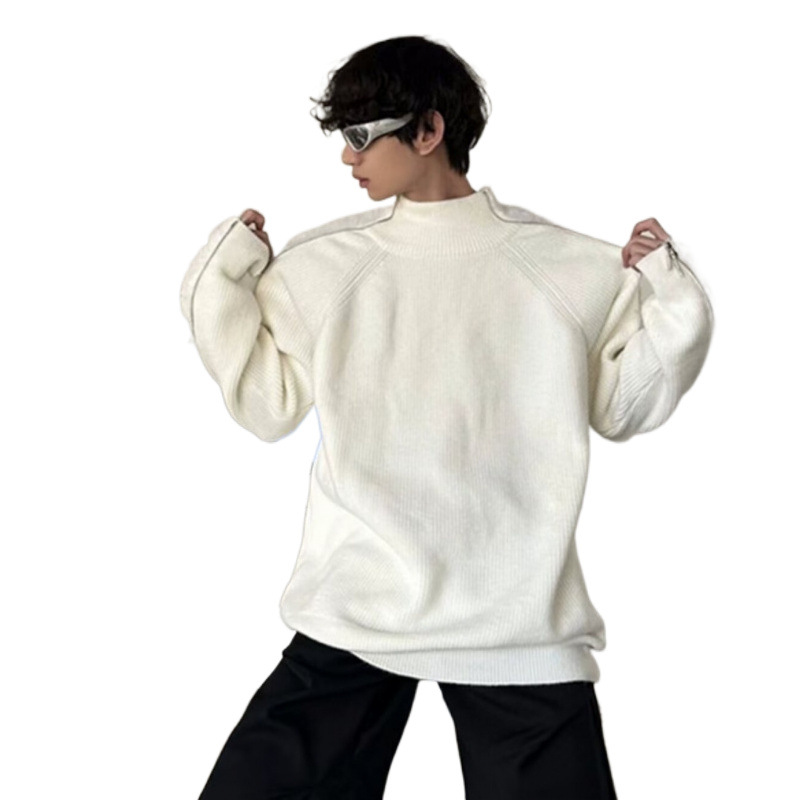 Men's Clothing street zipper sweater brand high street casual deconstruction design loose round neck knitted sweater trend_voghion.com