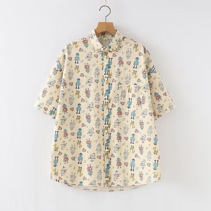 2025 Summer New Arrival Graffiti Robot Print Marathon Short Sleeve Shirt Women Cardigan Top