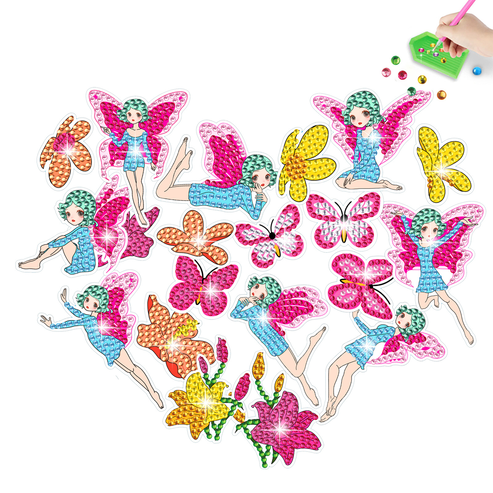 Venta caliente mariposa Hada diamante pintura pegatinas gratis DIY ladrillo pintura pegatinas hechas a mano dibujos animados cristal brillante diamante