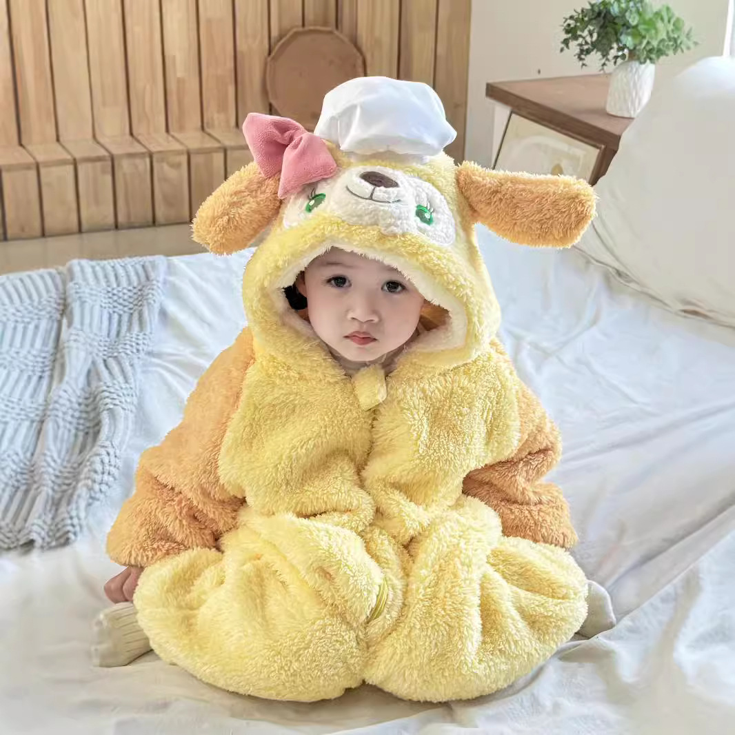 Korean Style Baby's Autumn and Winter fleece-lined Warm Jumpsuit Baby's Winter Climbing Wear Cartoon Chef Dog Thickened Pajamas suit