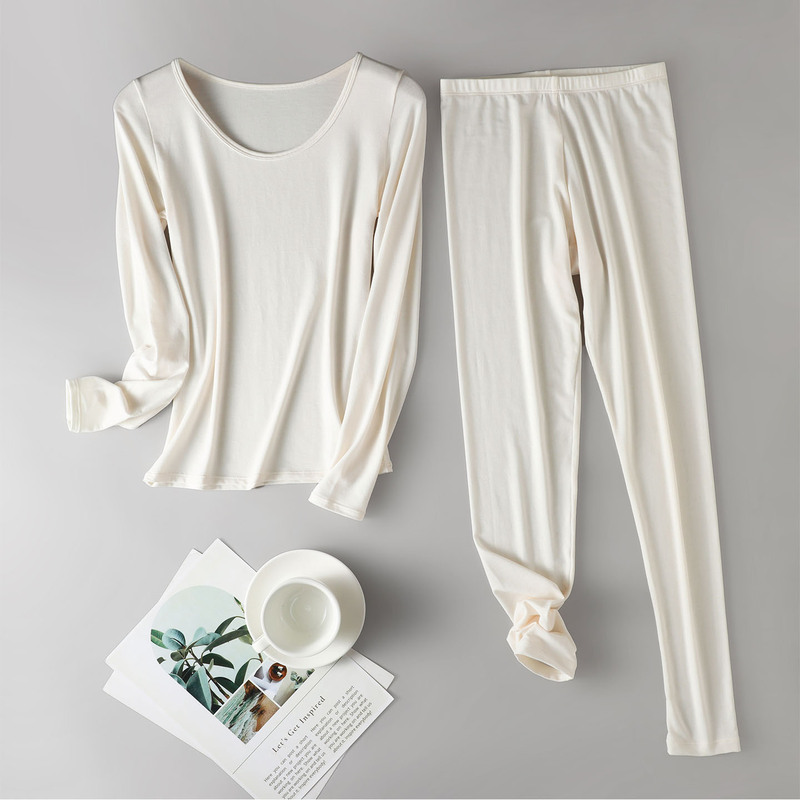 Autumn and Winter Women's Wool Thermal Suit, Comfortable Round Neck, Simple and Versatile, Hemmed Elastic Waist, Autumn Clothes and Long Pants