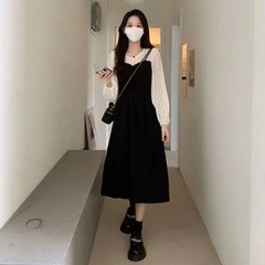 レディース フレンチ風 フェイクツーピース パッチワーク 秋 長袖 ぽっちゃり体型 お腹カバー Aライン レースアップ トレンド 通勤風 ワンピース