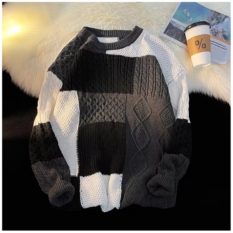 Men's Clothing trend stitching contrast color twisted sweater men's trendy loose high end round neck knitted sweater _voghion.com