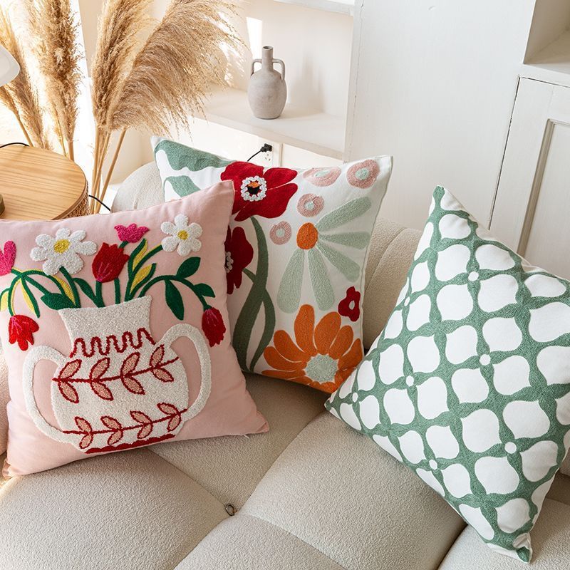 New Sofa Pillow Embroidered Flower Tulip Pillow Cover Without Core Living Room Pillow Cover Bedside Cushion
