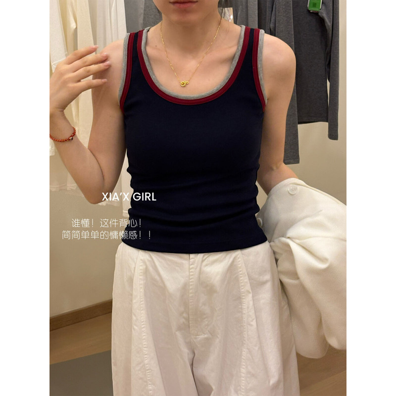 撞色拼接磨毛轻暖吊带背心U领带胸垫修身显瘦百搭无袖打底衫背心|undefined