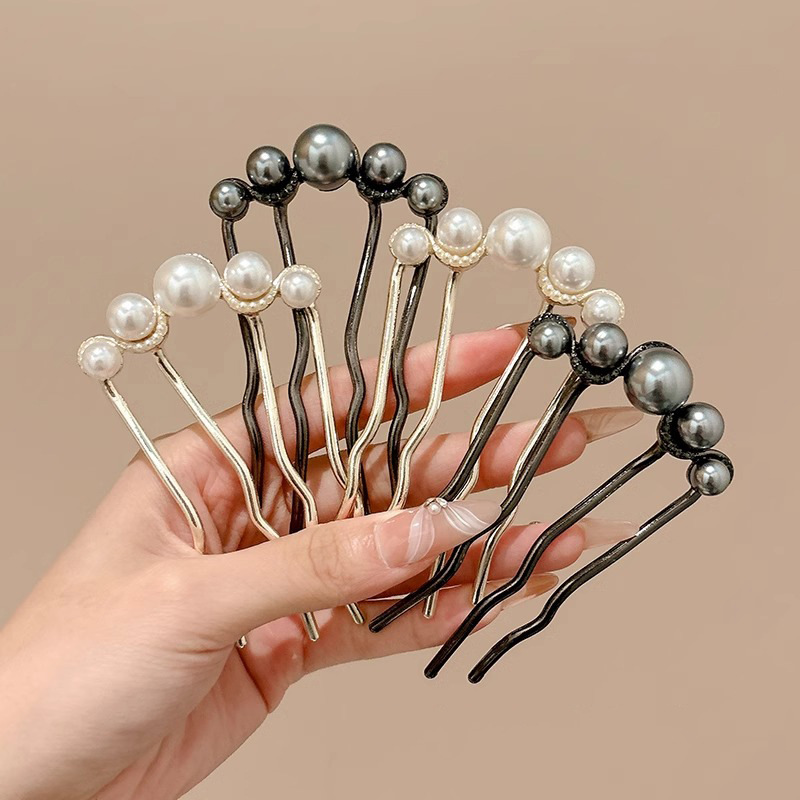Perla en forma de U cuatro dientes peinado temperamento femenino bandeja de cabello detrás de la cabeza bola clip de cabello de alta sensación retró joyería para el cabello