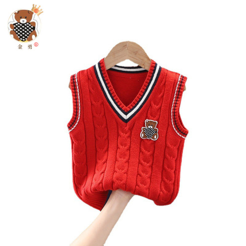 【Jinyong】One-piece children's knitting vest for spring and autumn, Korean style, fashionable new woolen cardigan for boys, padded jacket