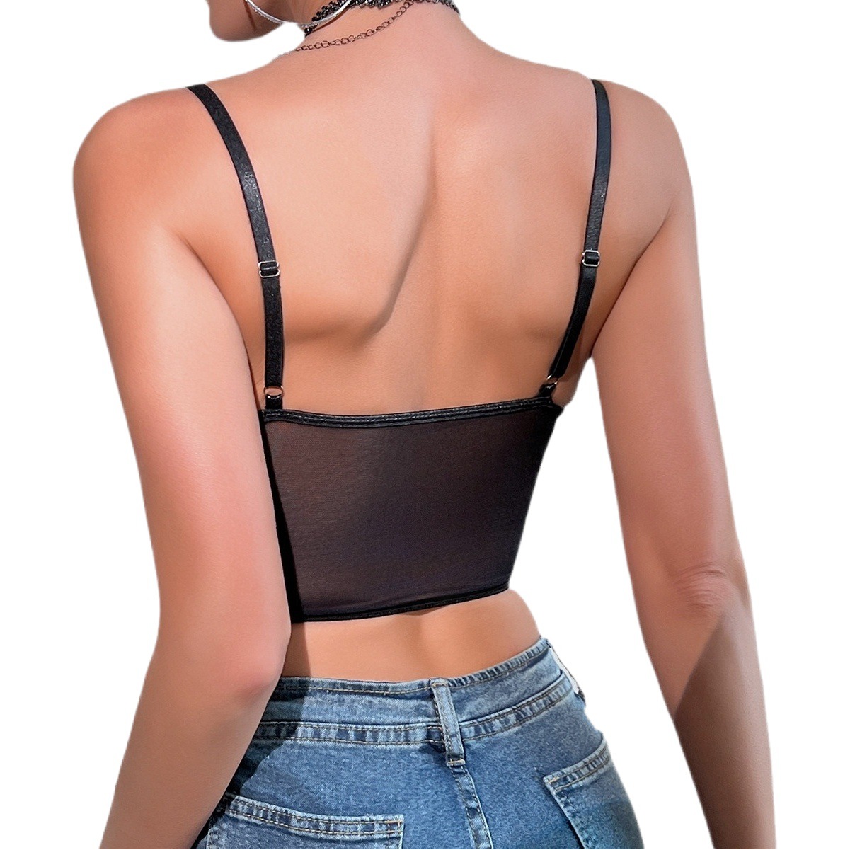 Cross-Border moda sexy discoteca estilo lentejuelas Fishbone acero anillo push up perspectiva ombligo expuesto caliente chica chaleco Delgado